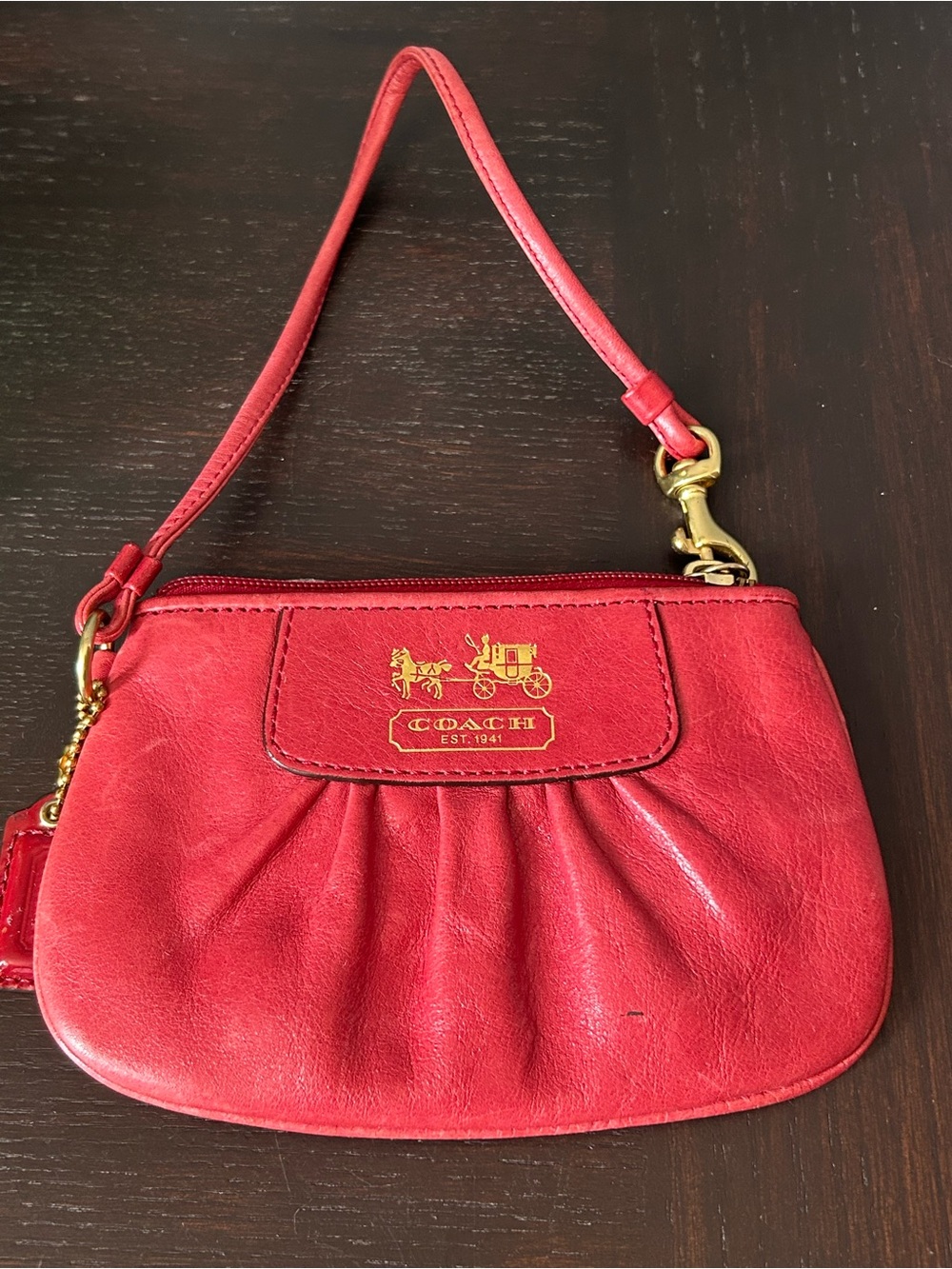 Coach Red Leather Wristlet Clutch Purse with Gold Logo